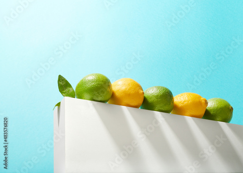 Fresh limes and lemons on a wall. Citrus fruits outdoors with blue skies. 