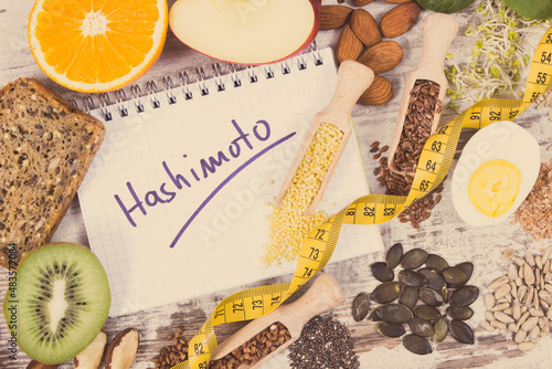 Nutritious ingredients and inscription hashimoto. Healthy food containing vitamins. Problems with thyroid concept