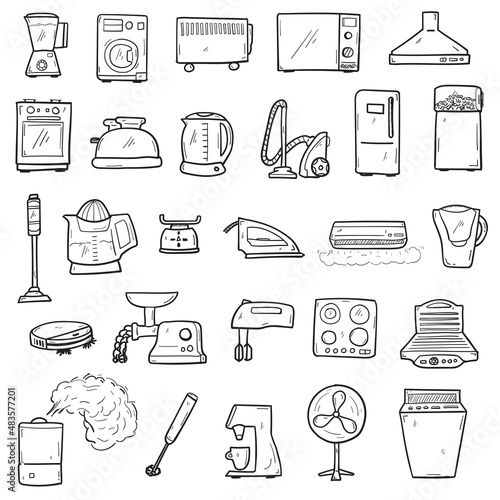 Hand drawn household appliances for home icon set in doodle style isolated