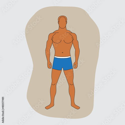 Tanned man in blue swimming trunks. Human silhouette with slender figure. Bronze-colored body. Male person with normal weight. Adult character with moderate body fat. Diet and healthy lifestyle result