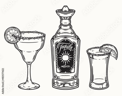Tequila bottle and alcohol cocktails