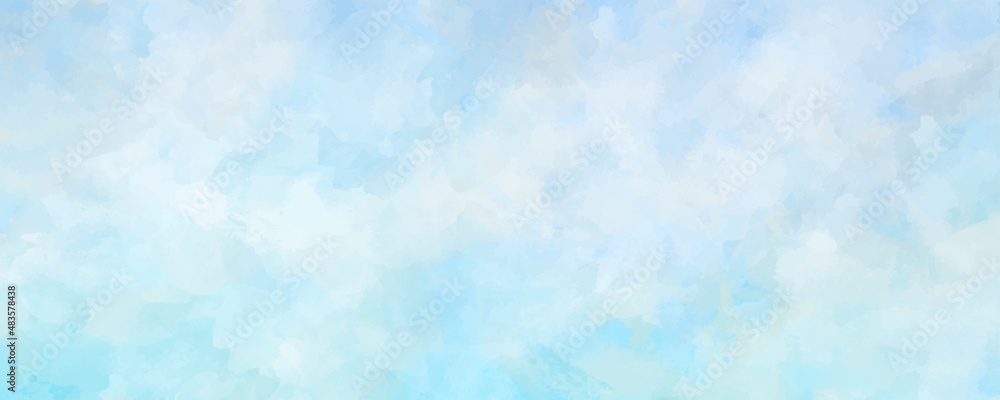 Vector watercolor art background with white clouds and blue sky. Hand drawn vector texture. Heaven. Pastel color watercolour banner. Template for flyers, cards, poster, cover.