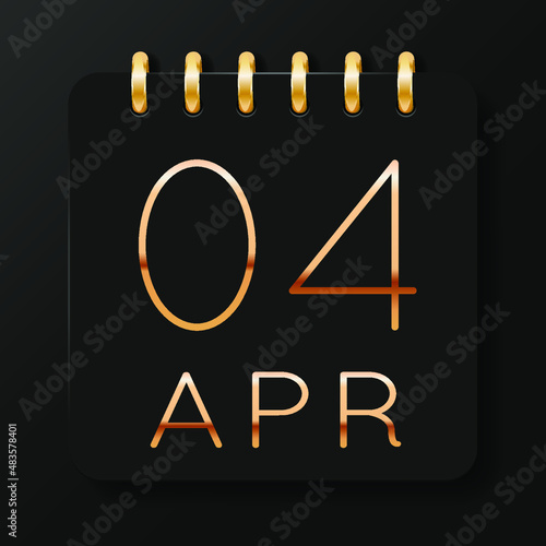 04 day of the month. April. Luxury calendar daily icon. Date day week Sunday, Monday, Tuesday, Wednesday, Thursday, Friday, Saturday. Gold text. Black background. Vector illustration.