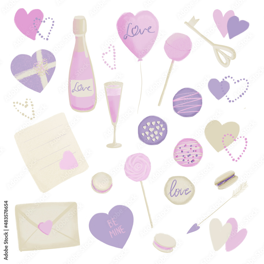 Set of Valentine's Day illustrations in pink purple with candy, heart, love letters Set of Valentine's Day illustrations in pink purple with candy, heart, love letters