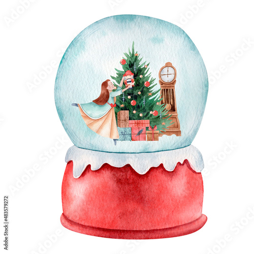 Christmas red snow globe with ballerina, christmas tree and toys. Watercolor Illustration for greeting cards and posters. Clipart isolated on white 