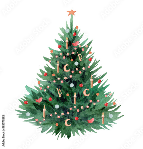 Watercolor Christmas tree with toys, garlands. Illustration isolated on white 