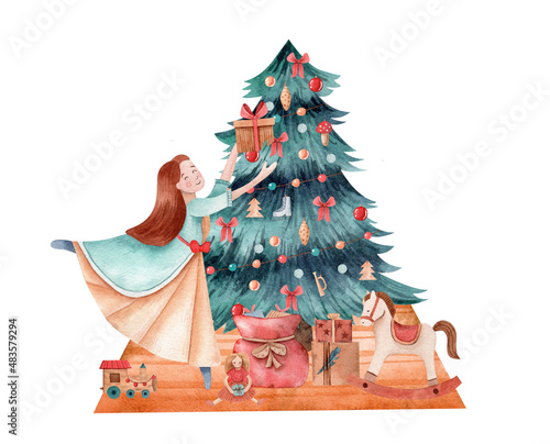 Watercolor ballerina with Christmas tree, toys and gifts. Christmas Nutcracker ballet illustration 
