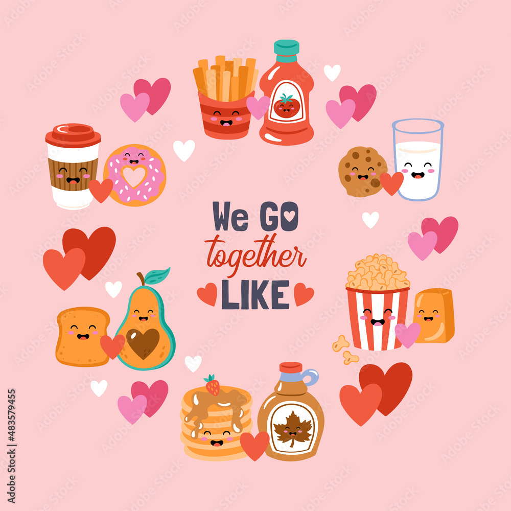 Valentines day greeting card design with cute funny food . Childish print for cards, stickers, apparel and party invitations Valentines day greeting card design with cute funny food . Childish print for cards, stickers, apparel and party invitations