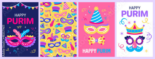 Purim carnival greeting card set with cute carnival mask and hat. Childish print for card, poster and party invitation