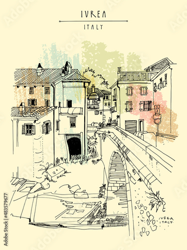 Vector Ivrea, Italy, Europe touristic postcard. A town in the Piedmont region of northwestern Italy. Beautiful old buildings and bridge. Travel sketch. Artistic hand drawn vintage book illustration