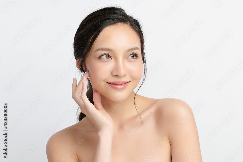 Beautiful young asian woman with clean fresh skin on white background, Face care, Facial treatment, Cosmetology, beauty and spa, Asian women portrait.