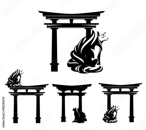 fairy tale spirit fox with nine tails sitting by torii gate black and white vector outine and silhouette - japanese mythical kitsune design set