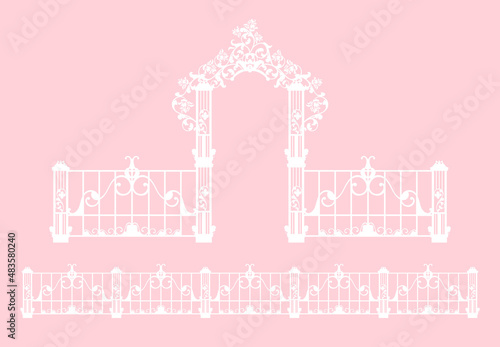 romantic arch with rose flowers decor and fence border for wedding ceremony - vector silhouette design for invitation or greeting card