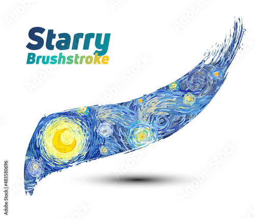 Starry brushstroke shape of glowing yellow moon on a sky of stars isolated on white background. Vector illustration in the style of impressionist paintings.