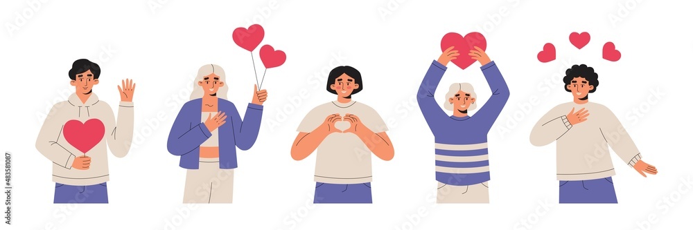 Happy people in love with hearts set Happy people in love with hearts set