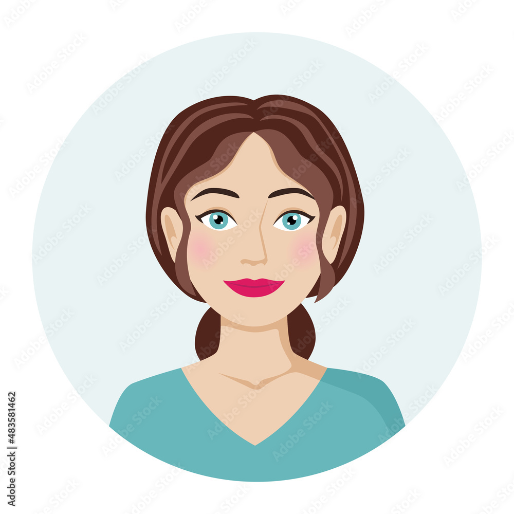 Female avatar, portrait of a cute brunette woman. Vector illustration of a female character in a modern color style Female avatar, portrait of a cute brunette woman. Vector illustration of a female character in a modern color style