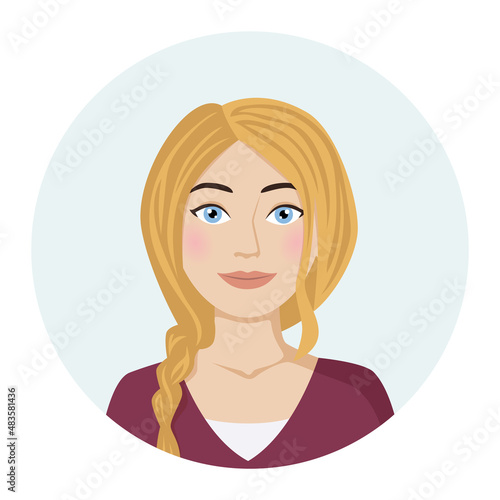 Female avatar, blonde woman portrait. Vector illustration of a female character in a modern color style