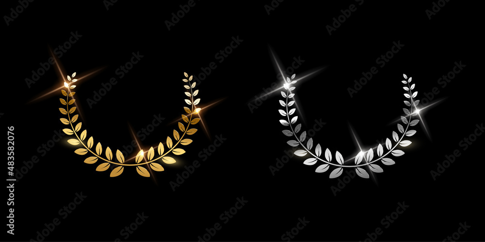 Obraz premium Gold and silver shiny laurel wreath signs isolated on black background. Vector award symbols.