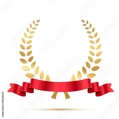 Gold laurel wreath with red ribbon, golden award with olive branch for winner