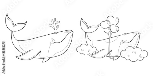 coloring kit of whales boy and girl, a whale girl in love is flying on balloons in the clouds