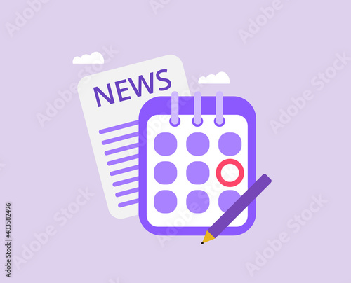 Set of realistic newspaper, calendar and pen flat, curved icons. News template isolated. Vector illustration