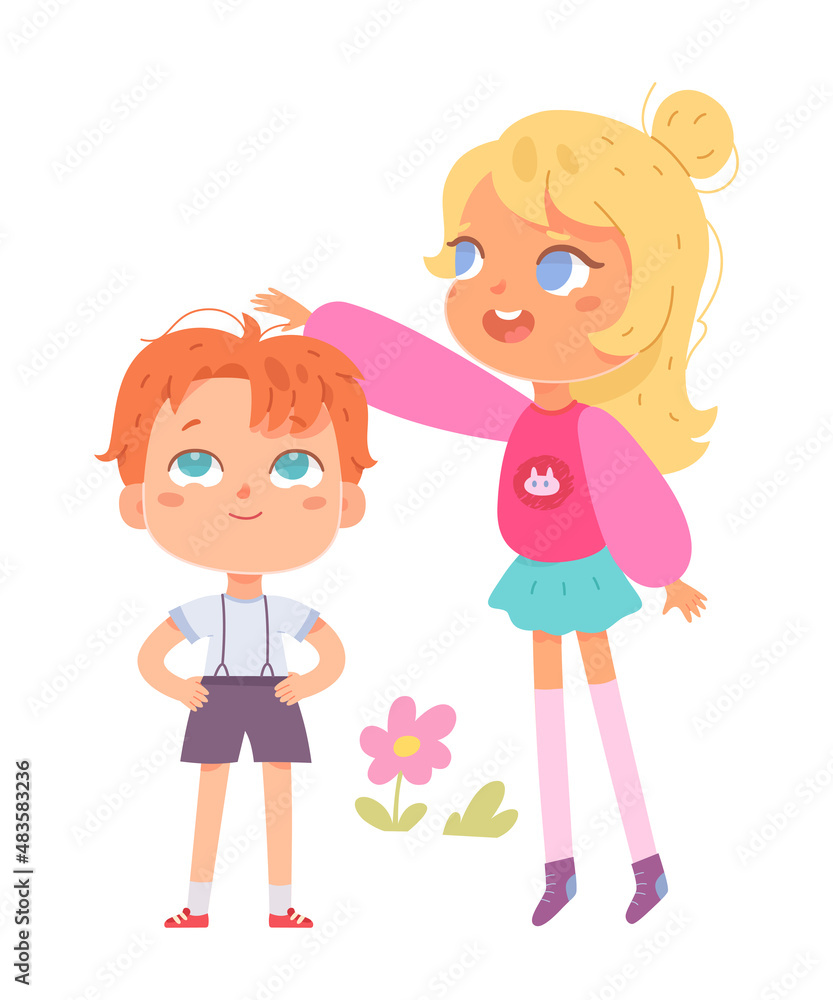 Tall girl measuring progress of height of small preschool boy, children standing together Tall girl measuring progress of height of small preschool boy, children standing together