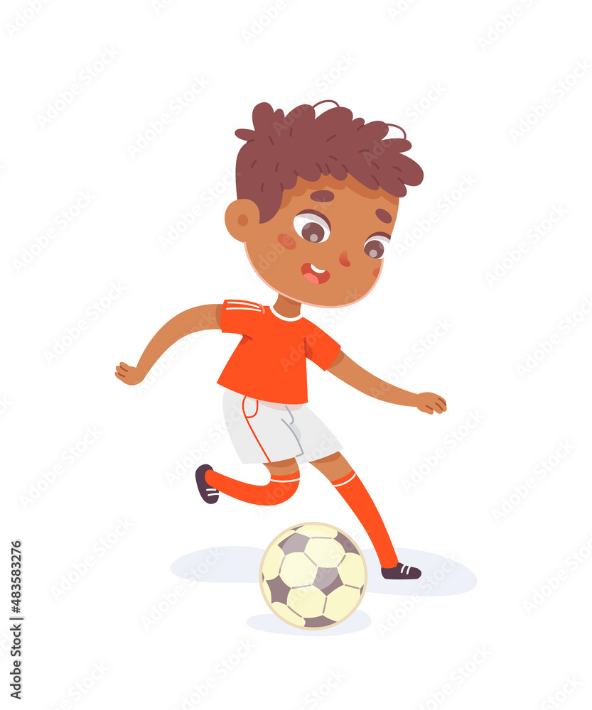 Boy running with ball at football practice. Happy little black kid playing sport in uniform vector illustration. Smiling child runs with ball in front of foot on white background