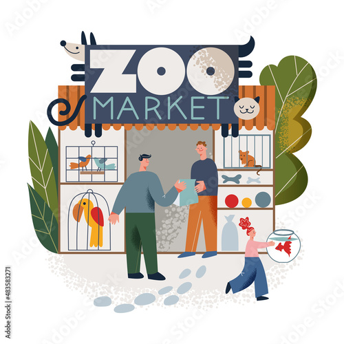 Pets shop facade with seller and customers people, small store with zoo market signboard