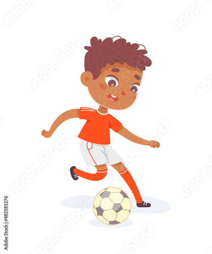 Boy running with ball at football practice. Happy little black kid playing sport in uniform vector illustration. Smiling child runs with ball in front of foot on white background