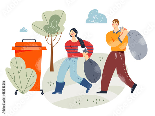 People carrying garbage bags to trash container, holding full bags after cleaning