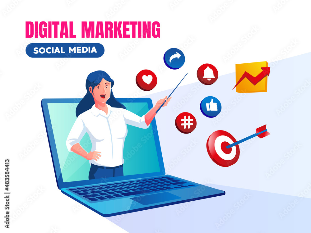 Digital Marketing Social Media with a man and a laptop symbol
