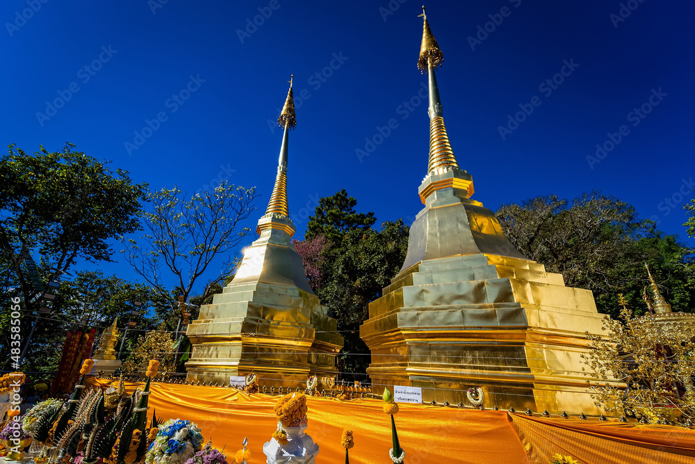 Naklejka premium Chiang Rai, Thailand - January, 09, 2021 : Wat Phra That Doi Tung is a beautiful golden temple in Chiang Rai province, Thailand.