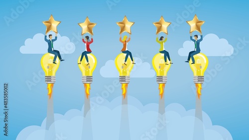 Businesspeople flying on light bulb rockets with five stars. Vector illustration. EPS10.
