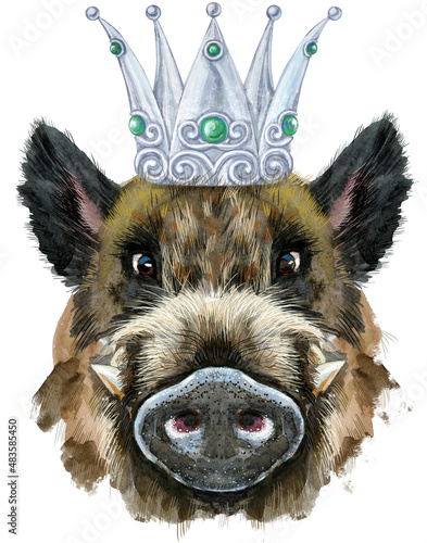 Watercolor portrait of wild boar in silver crown