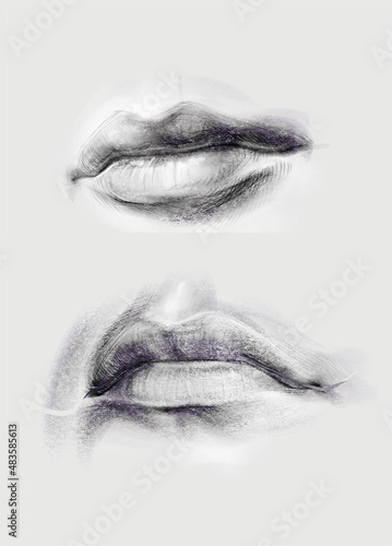 pencil drawing of female lips in two angles