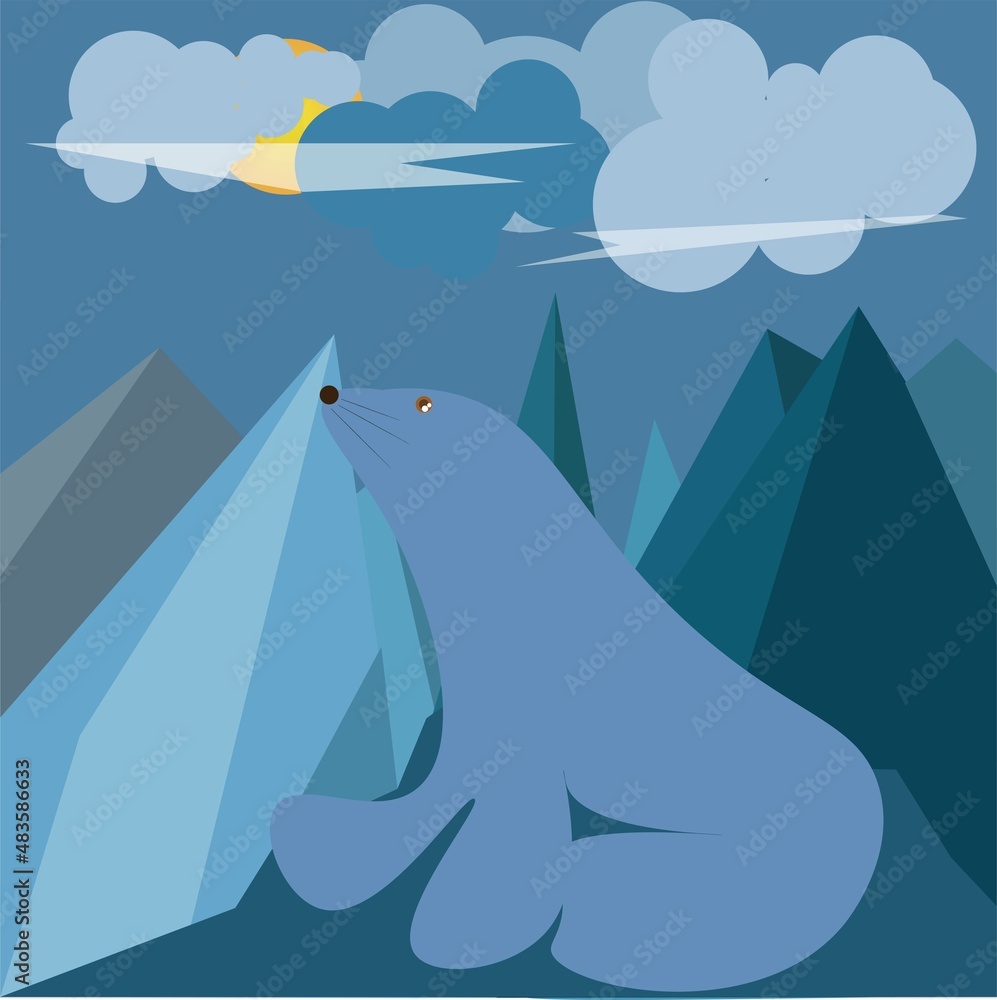 a seal sits among the glaciers