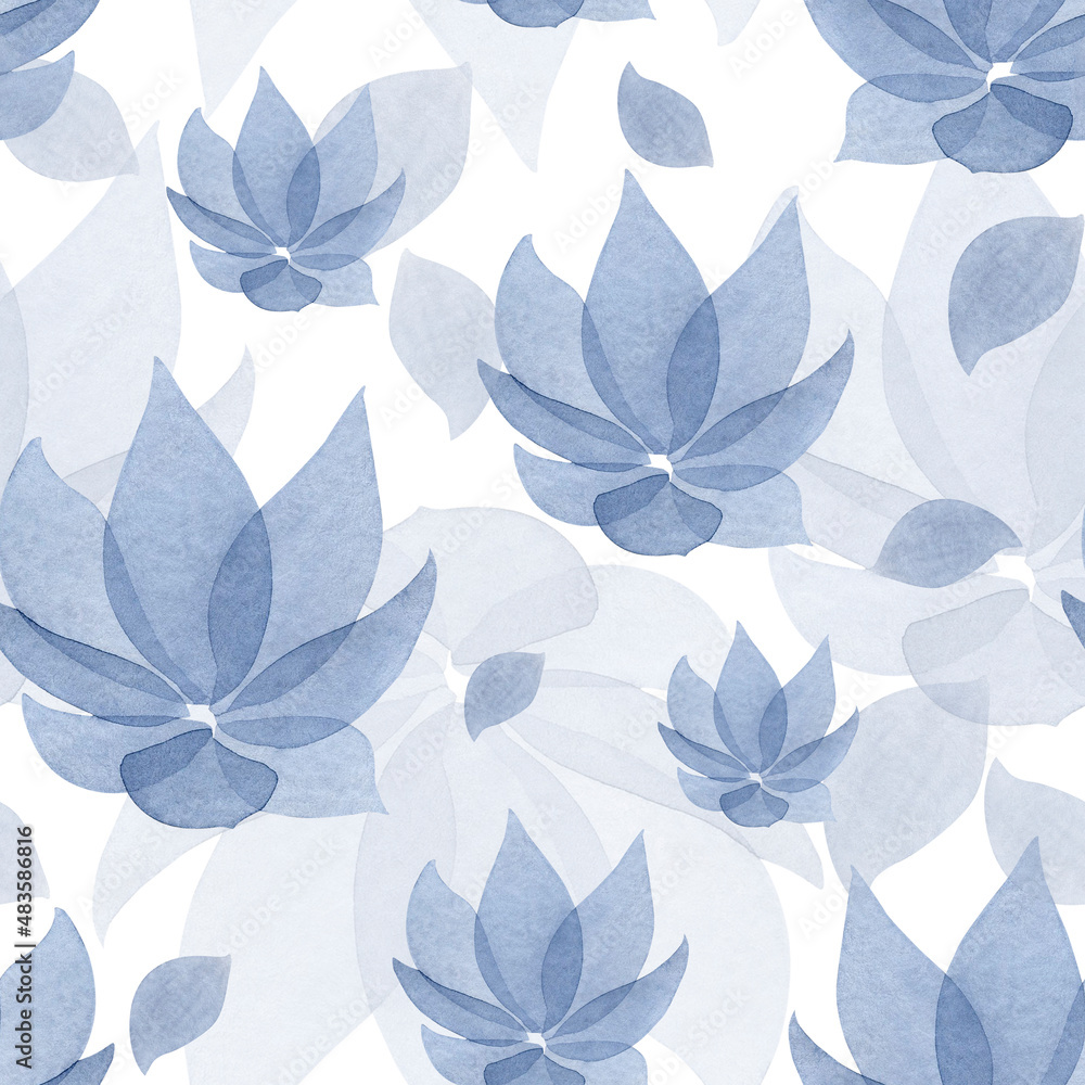 watercolor moon flowers indigo blue pattern petal