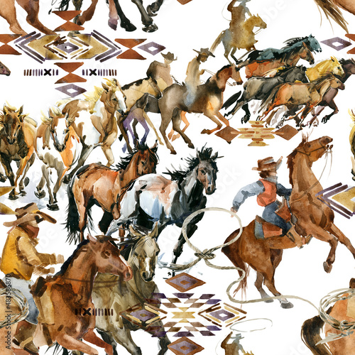 Running horses seamless pattern. American cowboy. Wild west. watercolor tribal texture. equestrian illustration