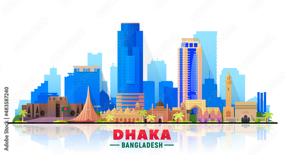 Dhaka Bangladesh skyline with panorama in white background. Vector Illustration. Business travel and tourism concept with modern buildings. Image for banner or website.