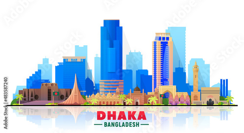 Dhaka Bangladesh skyline with panorama in white background. Vector Illustration. Business travel and tourism concept with modern buildings. Image for banner or website.