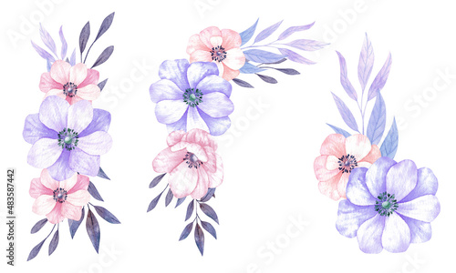 Watercolor flower bouquets. Purple anemones compositions with leaves isolated on white background. Very peri arrangements on trendy color 2022