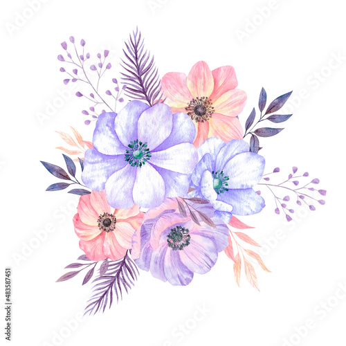 Watercolor flower bouquet. Purple anemones composition with leaves  isolated on white background. Very peri arrangements on trendy color 2022