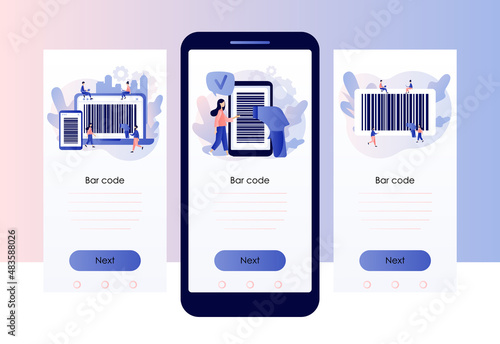 Bar code in smartphone and laptop app. Handheld barcode scanner. Tiny people scan bar-code. Screen template for mobile, smartphone app. Modern flat cartoon style. Vector illustration