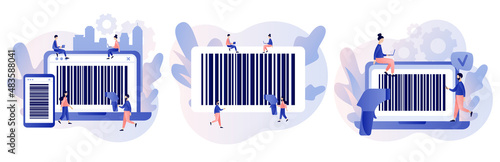 Bar code in smartphone and laptop app. Handheld barcode scanner. Tiny people scan bar-code. Modern flat cartoon style. Vector illustration on white background