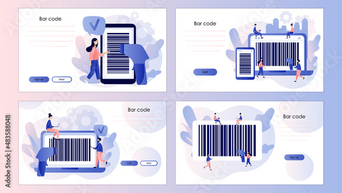 Bar code in smartphone and laptop app. Handheld barcode scanner. Tiny people scan bar-code. Screen template for landing page, template, ui, web, mobile app, poster, banner, flyer. Vector illustration
