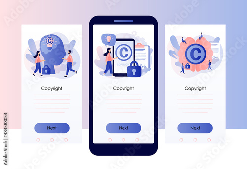 Intellectual property. Copyright. Tiny authors protecting idea's legal information with trademark. Screen template for mobile, smartphone app. Modern flat cartoon style. Vector illustration