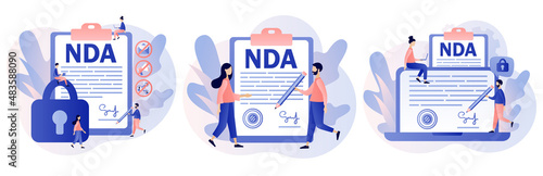 NDA contract. Non disclosure agreement. Tiny people sign confidentiality agreement document. Corporate secret protection. Modern flat cartoon style. Vector illustration on white background