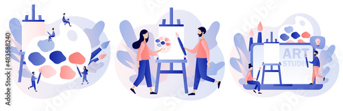 Artist. Art school or studio. Tiny people artists with canvas on easel, big pallete and brushes. Art workshop. Artist create picture. Modern flat cartoon style. Vector illustration on white background