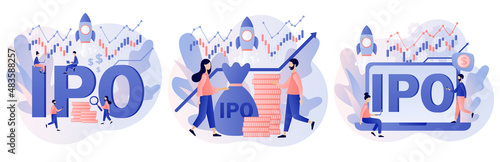 IPO concept. Initial public offering. Investor ivest stock market shares. Company growth. Passive income. Investment. Modern flat cartoon style. Vector illustration on white background