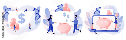 Money pillow. Personal finance, money savings, emergency support fund, personal capital, insurance. Tiny people growth financial. Modern flat cartoon style. Vector illustration on white background